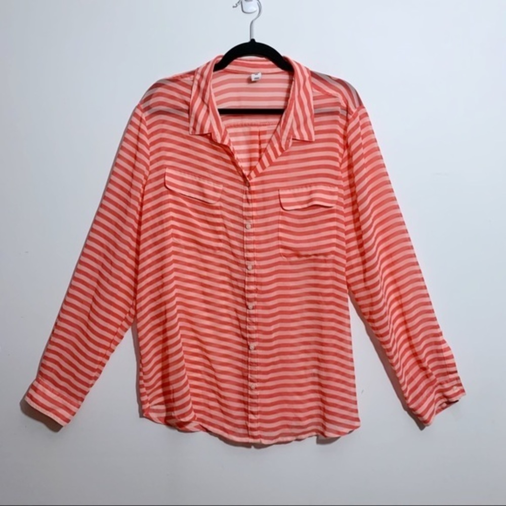 Old Navy Coral Striped Sheer Button Down Blouse XXL Lightweight